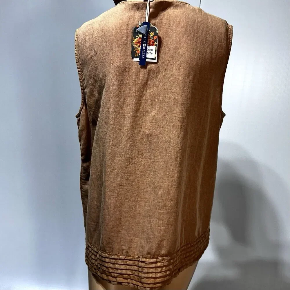 April Cornell Linen Blend Blouse Nantucket Embroidered Tan Brown Size L NWT - Picture 5 of 10